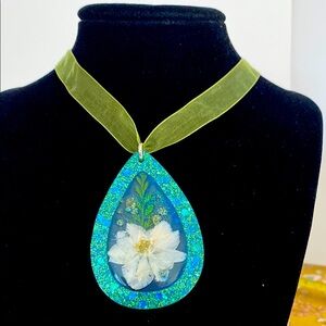 Blue and Green Teardrop Necklace with Floral Pendant
